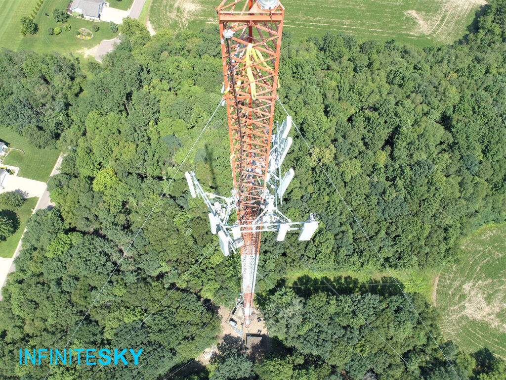 aerial drone inspection photograph of cell tower in Bloomer Wisconsin