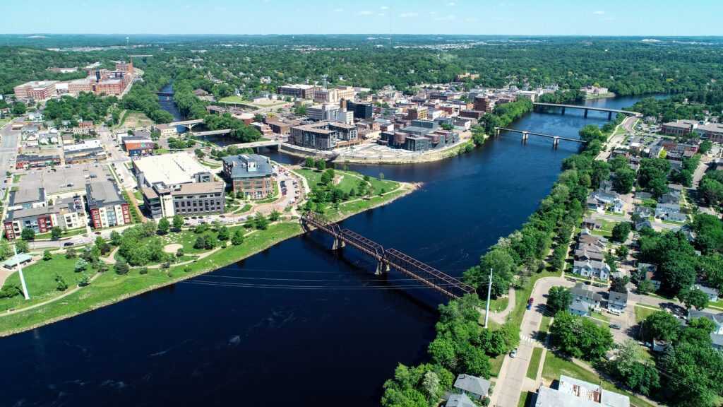 the chippewa river running through Phoenix Park in Eau Claire Wisconsin