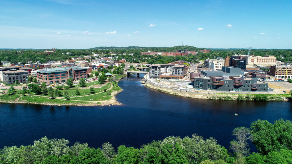 Phoenix Park at the confluence of the Chippewa River and Eau Claire River in Eau Claire Wisconsin