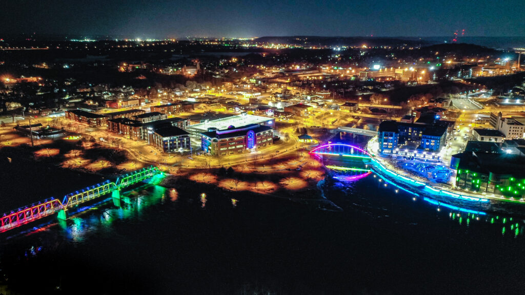 Night lights at Phoenix Park and the Chippewa and Eau Claire Rivers confluence in downtown Eau Claire Wisconsin