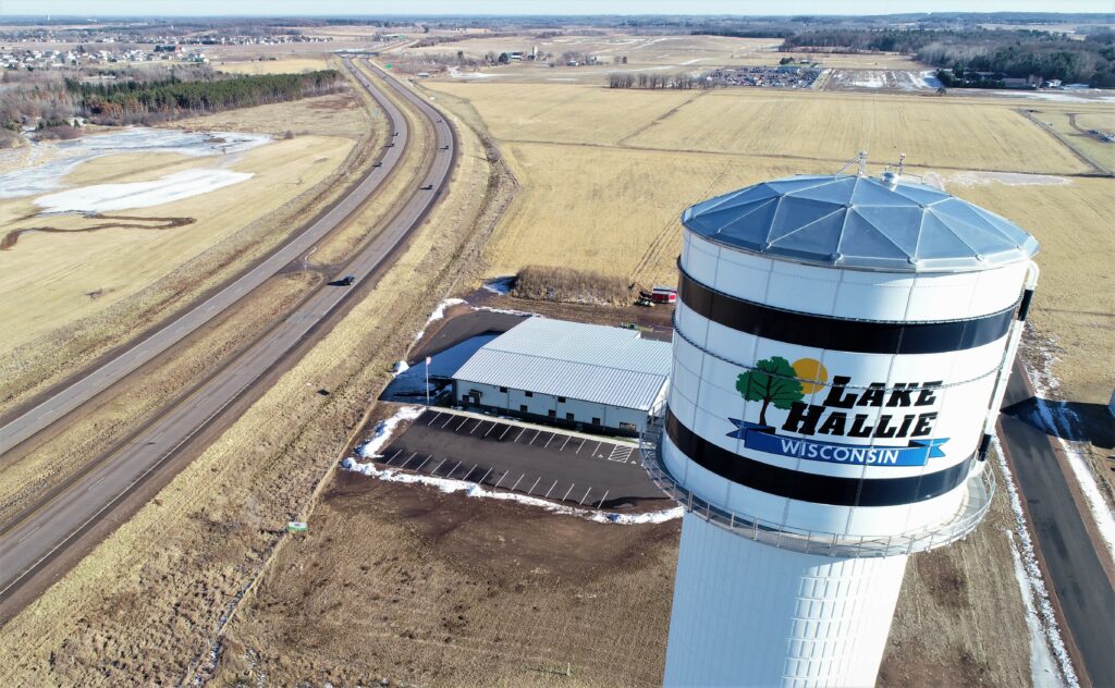 aerial drone photo of lake hallie wisconsin water tower