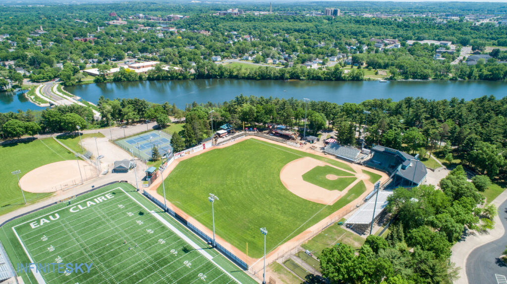 Carson Park aerial drone photograph with the Chippewa River in background, by Infinite Sky Drone Services.