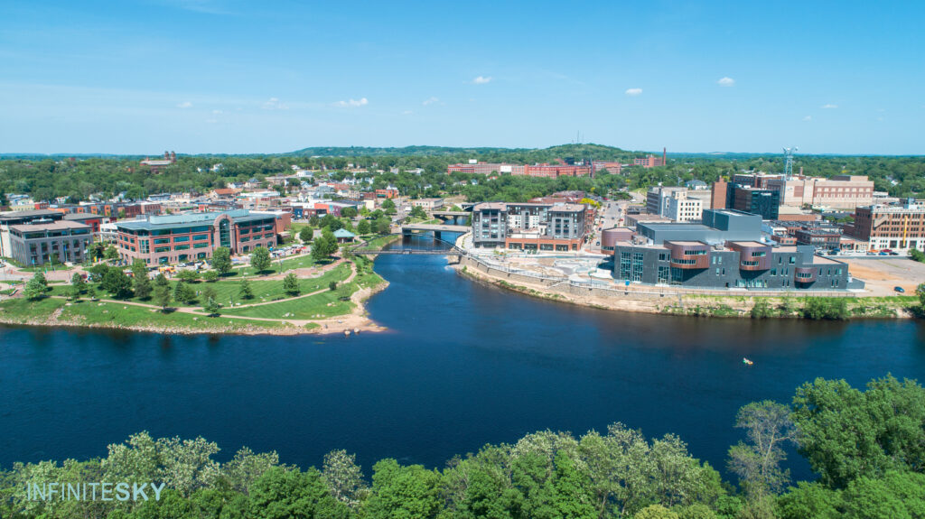 aerial photograph of the confluence of the Eau Claire River and the Chippewa River