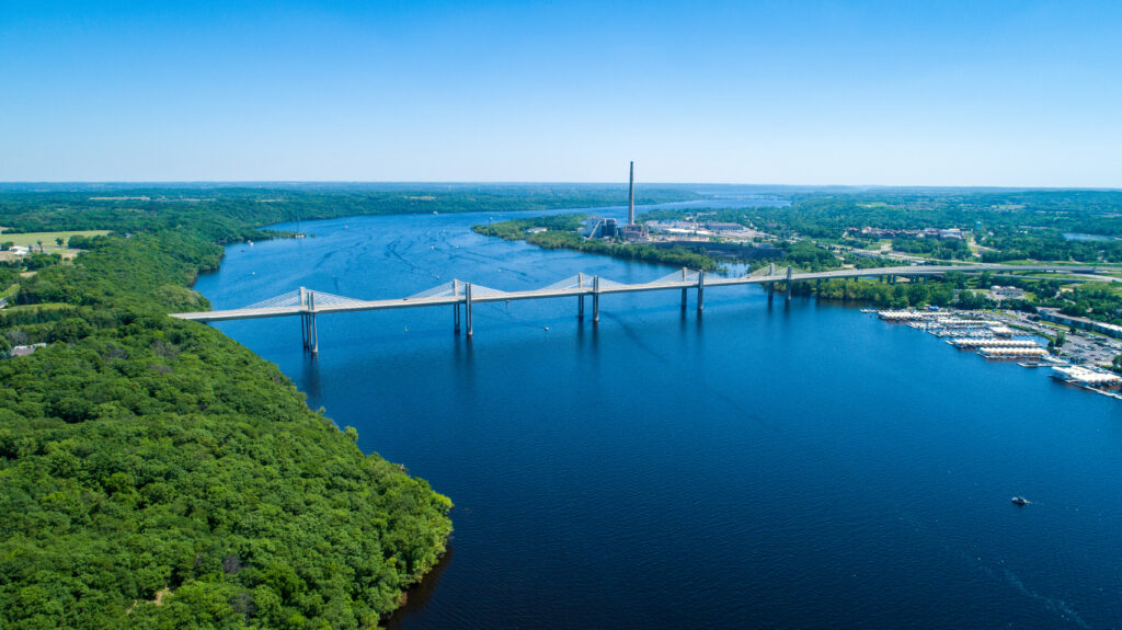 Aerial photograph of the St. Croix River and the St. Croix Crossing Bridge
